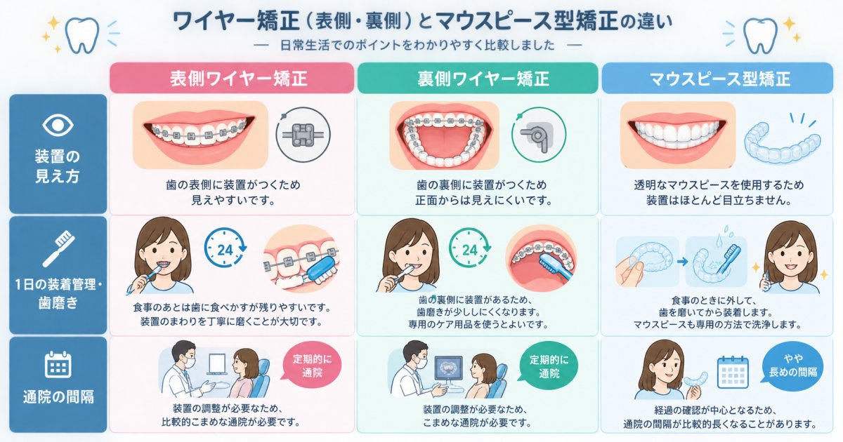 ワイヤー矯正とマウスピース型矯正、接客や子育てのある毎日ではどう違う?